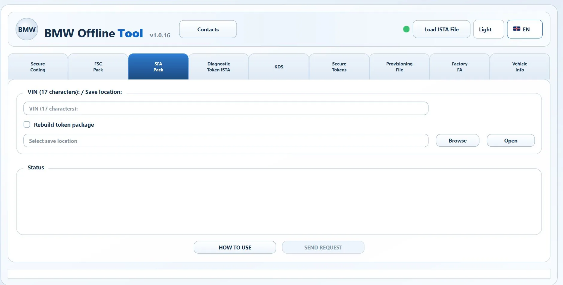 BMW Online Tool SFA Pack screen for requesting an SFA package by VIN