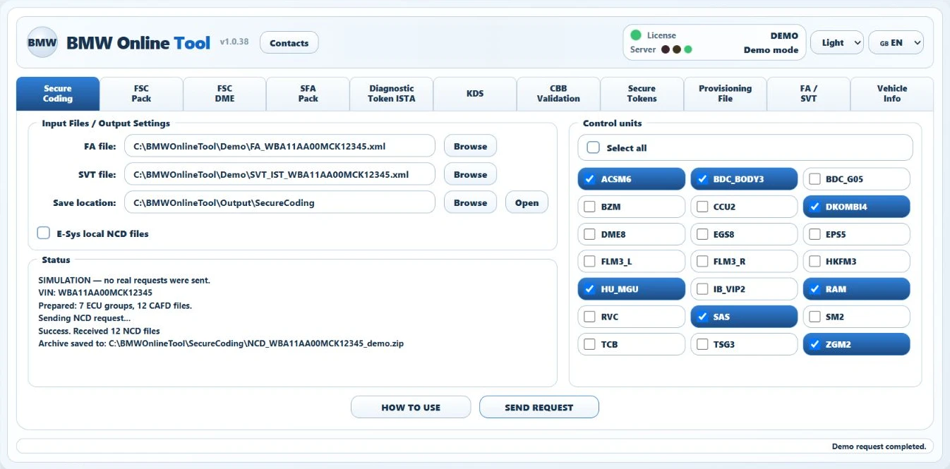 Secure Coding interface in the BMW Online Tool demonstration