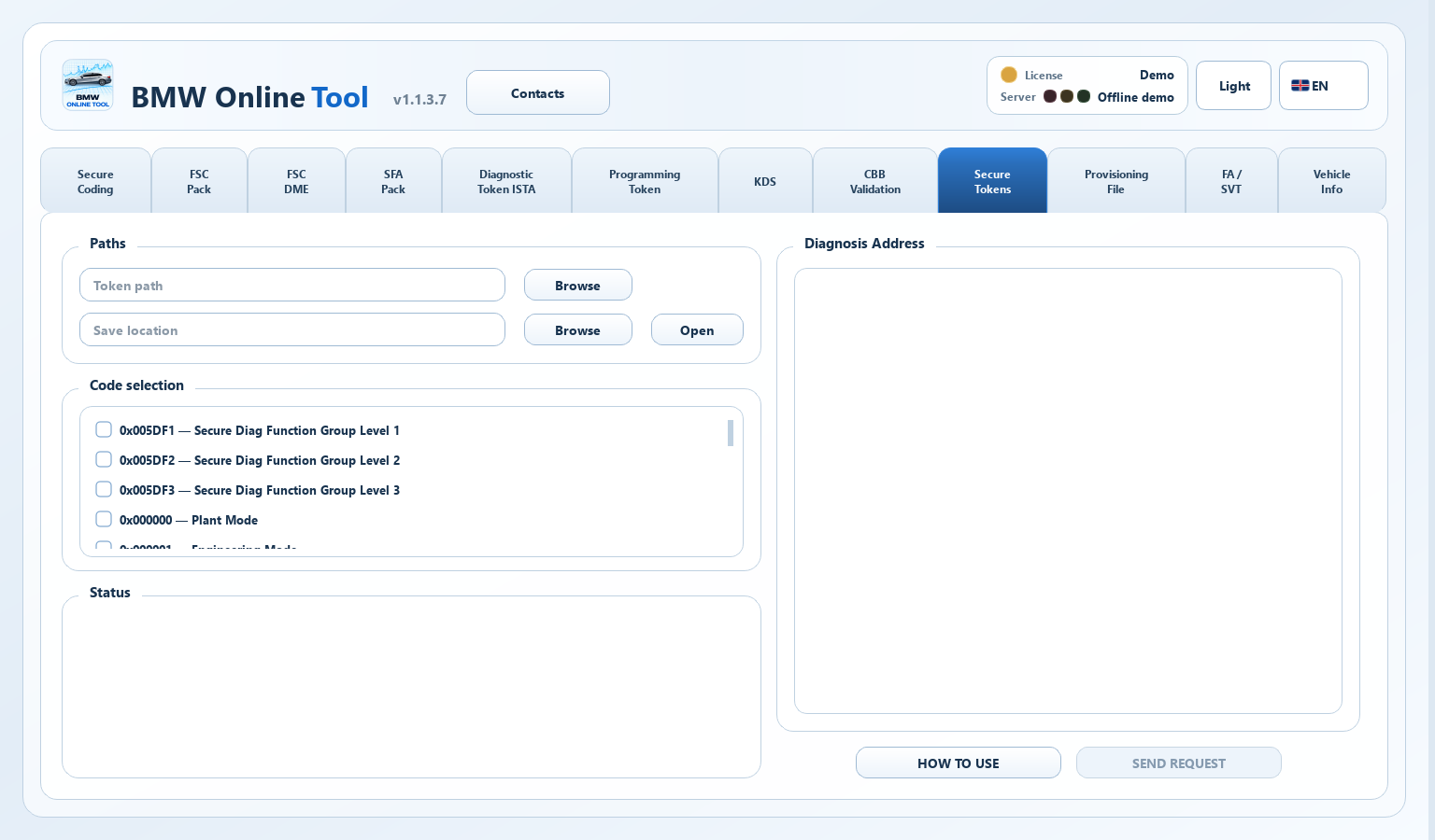 Secure Tokens / LCS — native Online 1.1.3.7 interface, sample data