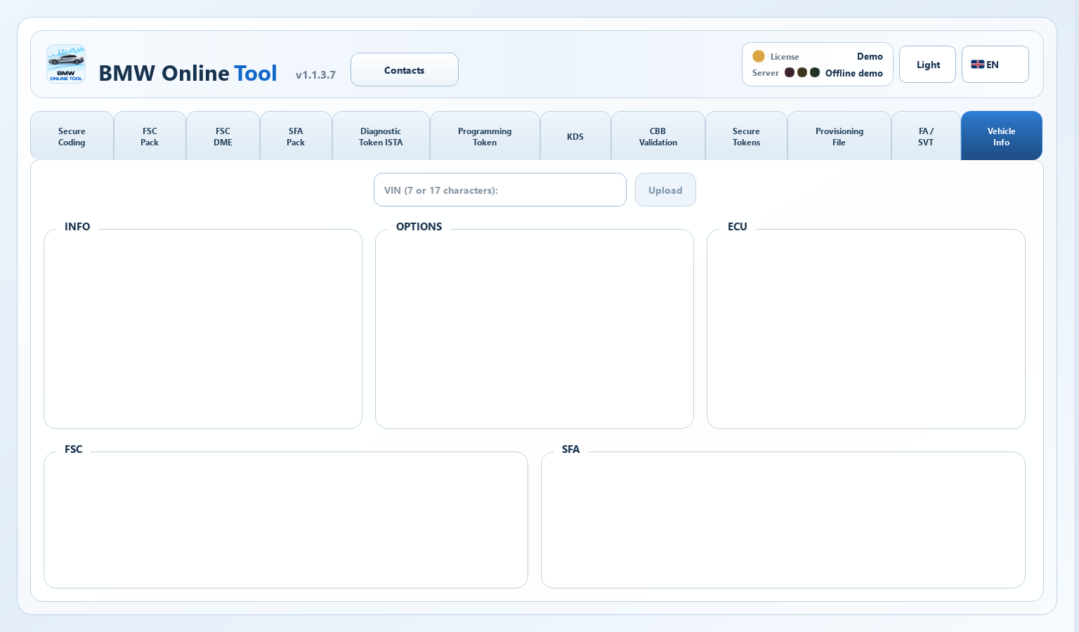 Vehicle Information — native Online 1.1.3.7 interface, sample data